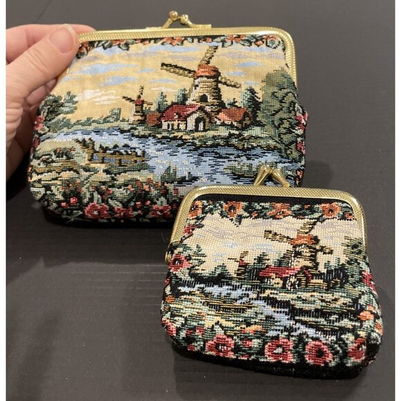 Windmill Needlepoint Tapestry Small Coin Pouch Kiss Lock 2 Piece Set Vintage - Picture 2 of 5